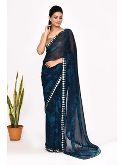 Lush Glam - Navy Blue Beads and Stones Pure Chiffon Saree with Unstitched Blouse