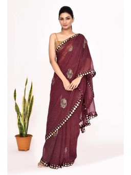 Lush Glam - Burgundy Beads and Stones Pure Chiffon Saree with Unstitched Blouse