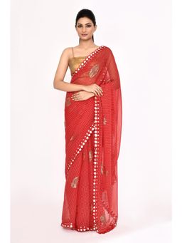 Lush Glam - Red Beads and Stones Pure Chiffon Saree with Unstitched Blouse