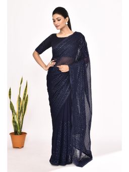Lush Glam - Navy Blue Beads and Stones Pure Georgette Border Saree with Unstitched Blouse