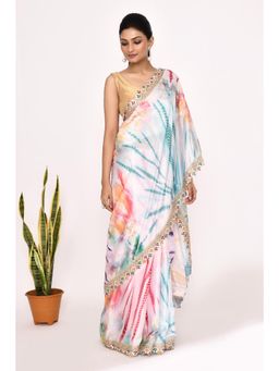 Lush Glam - White Tie and Dye Embroidered Polyester Border Saree with Unstitched Blouse