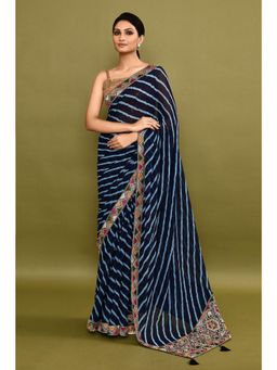 Lush Glam - Blue Leheriya Embroidered Pure Georgette Border Saree with Unstitched Blouse