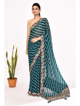 Lush Glam - Blue Leheriya Embroidered Pure Georgette Border Saree with Unstitched Blouse