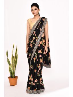Lush Glam - Black Floral Embroidered Polyester Border Saree with Unstitched Blouse