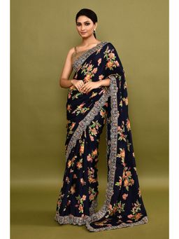 Lush Glam - Navy Blue Floral Embroidered Polyester Border Saree with Unstitched Blouse