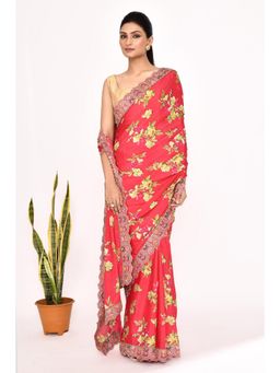 Lush Glam - Coral Floral Embroidered Polyester Border Saree with Unstitched Blouse