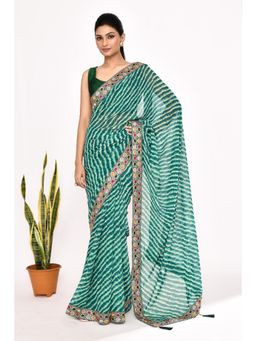 Lush Glam - Green Leheriya Embroidered Pure Georgette Border Saree with Unstitched Blouse