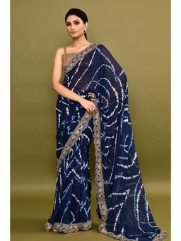 Lush Glam - Blue Leheriya Embroidered Pure Georgette Border Saree with Unstitched Blouse