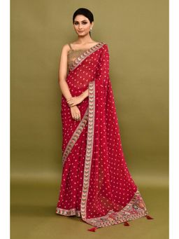 Lush Glam - Pink Bandhani Embroidered Pure Georgette Border Saree with Unstitched Blouse