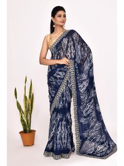 Lush Glam - Blue Tie and Dye Embroidered Pure Georgette Border Saree with Unstitched Blouse