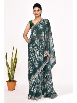 Lush Glam - Green Tie and Dye Embroidered Pure Georgette Border Saree with Unstitched Blouse