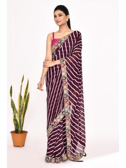 Lush Glam - Burgundy Leheriya Embroidered Pure Georgette Border Saree with Unstitched Blouse