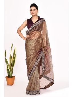 Lush Glam - Brown Embroidered Organza Border Saree with Unstitched Blouse
