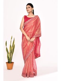 Lush Glam - Pink Embroidered Organza Border Saree with Unstitched Blouse