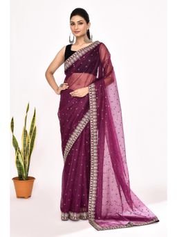 Lush Glam - Purple Embroidered Organza Border Saree with Unstitched Blouse
