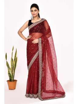 Lush Glam - Maroon Embroidered Organza Border Saree with Unstitched Blouse