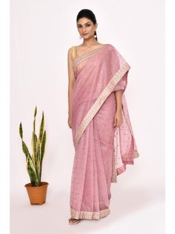 Lush Glam - Pink Embroidered Organza Border Saree with Unstitched Blouse