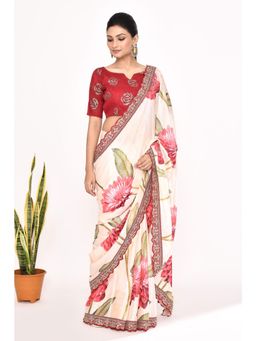Lush Glam - Beige Floral Embroidered Polyester Border Saree with Unstitched Blouse