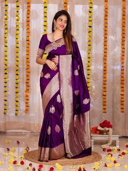 Lush Glam - Purple Zari Art Silk Border Saree with Unstitched Blouse