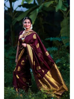 Lush Glam - Maroon Zari Art Silk Border Saree with Unstitched Blouse