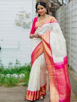 Lush Glam - White Zari Art Silk Border Saree with Unstitched Blouse