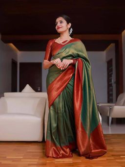 Lush Glam - Green Zari Art Silk Border Saree with Unstitched Blouse