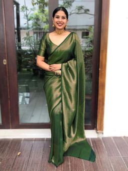 Lush Glam - Green Zari Art Silk Border Saree with Unstitched Blouse