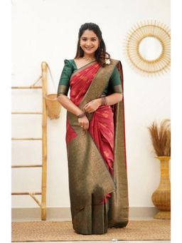 Lush Glam - Red Zari Art Silk Border Saree with Unstitched Blouse