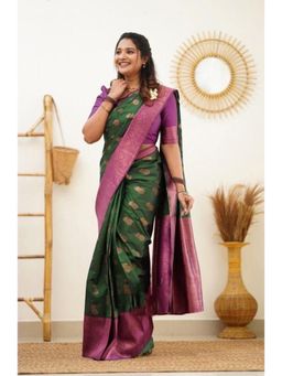 Lush Glam - Green Zari Art Silk Border Saree with Unstitched Blouse