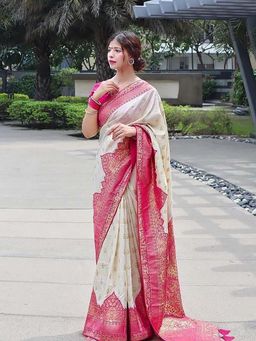 Lush Glam - Cream Zari Art Silk Border Saree with Unstitched Blouse