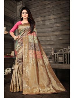 Lush Glam - Cream Zari Poly Silk Border Saree with Unstitched Blouse