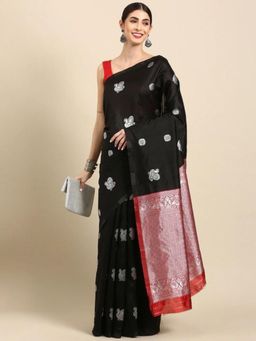 Lush Glam - Black Woven Poly Silk Saree with Unstitched Blouse