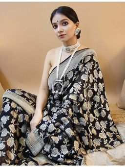 Lush Glam - Black Woven Poly Silk Border Saree with Unstitched Blouse