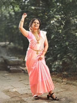 Lush Glam - Pink Woven Zari Poly Silk Border Saree with Unstitched Blouse