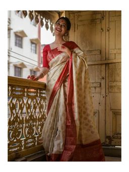 Lush Glam - Cream Woven Poly Silk Border Saree with Unstitched Blouse
