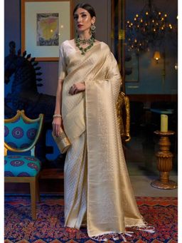 Lush Glam - Cream Zari Poly Silk Border Saree with Unstitched Blouse