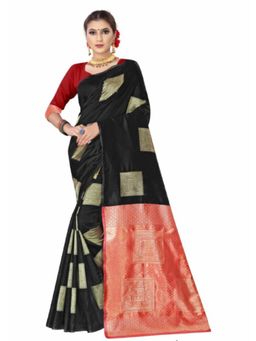 Lush Glam - Black Colour Blocked Woven Poly Silk Border Saree with Unstitched Blouse