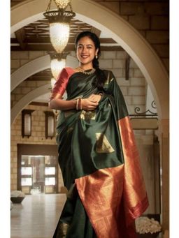 Lush Glam - Green Colour Blocked Woven Poly Silk Border Saree with Unstitched Blouse