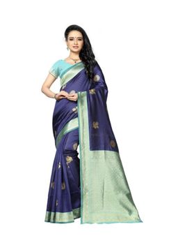 Lush Glam - Blue Woven Zari Poly Silk Border Saree with Unstitched Blouse