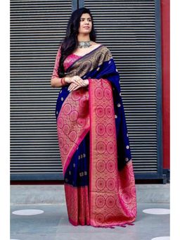 Lush Glam - Blue Poly Silk Border Saree with Unstitched Blouse