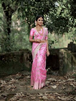Lush Glam - Pink Zari Poly Silk Border Saree with Unstitched Blouse