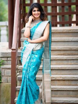 Lush Glam - Aqua Zari Poly Silk Border Saree with Unstitched Blouse