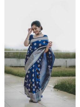 Lush Glam - Blue Zari Poly Silk Border Saree with Unstitched Blouse