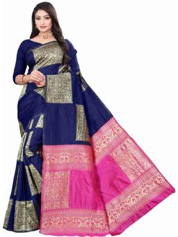 Lush Glam - Blue Colour Blocked Woven Poly Silk Border Saree with Unstitched Blouse