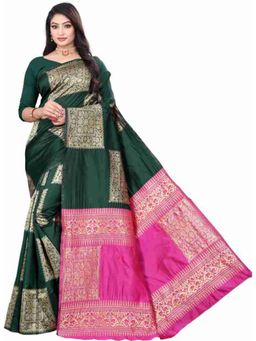 Lush Glam - Green Colour Blocked Woven Poly Silk Border Saree with Unstitched Blouse