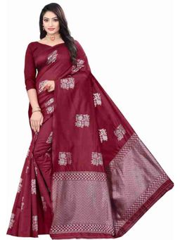 Lush Glam - Maroon Poly Silk Border Saree with Unstitched Blouse