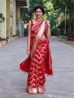 Lush Glam - Red Poly Silk Border Saree with Unstitched Blouse