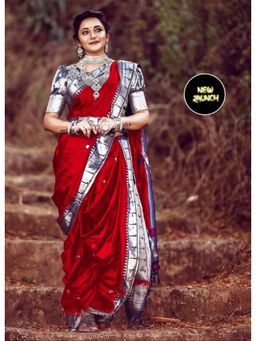 Lush Glam - Red Poly Silk Border Saree with Unstitched Blouse