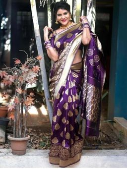 Lush Glam - Purple Zari Poly Silk Border Saree with Unstitched Blouse