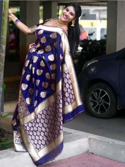 Lush Glam - Blue Zari Poly Silk Border Saree with Unstitched Blouse